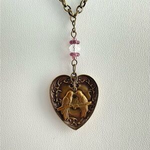 Heart & Love Birds Pendant Necklace, Vintage Inspired, Cottage Core, Victorian